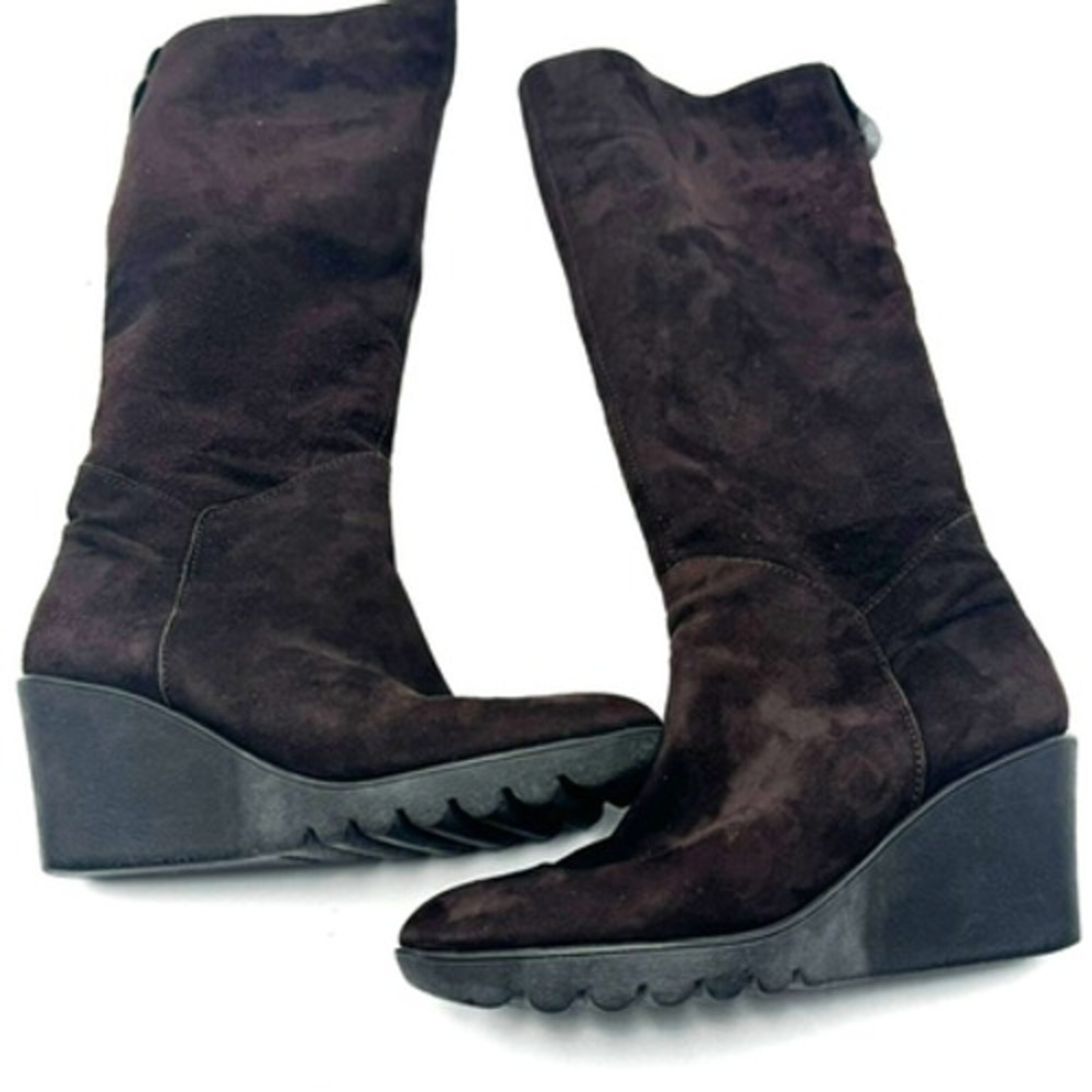JONES BOOTMAKER 8 Dark Brown Knee High Wedge Heel Suede Boots Hovercraft Sole